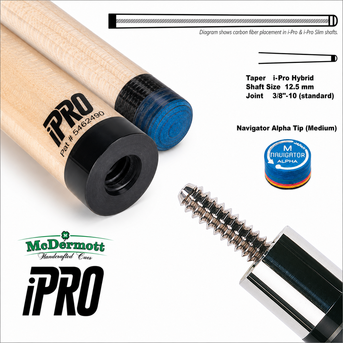 McDermott i-Pro 12.75MM Maple Pool Cue Shaft and 3/8x10 Radial Joint Medium Tip