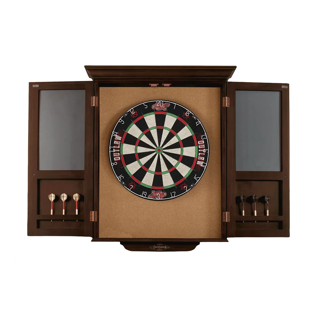 Brunswick Dartboard Cabinet Open with Darts Espresso
