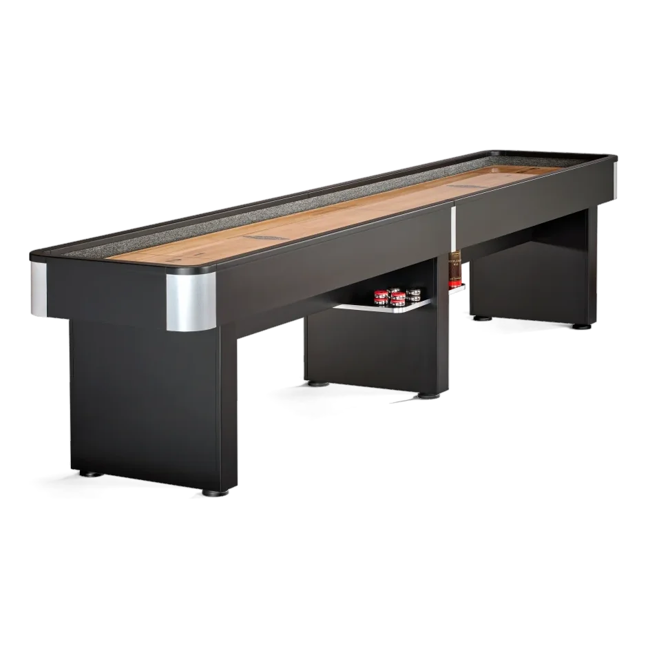 Brunswick Delray Matte Black 12ft Shuffleboard Table With Pucks On a Shelf