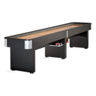 Brunswick Delray Matte Black 12ft Shuffleboard Table With Pucks On a Shelf