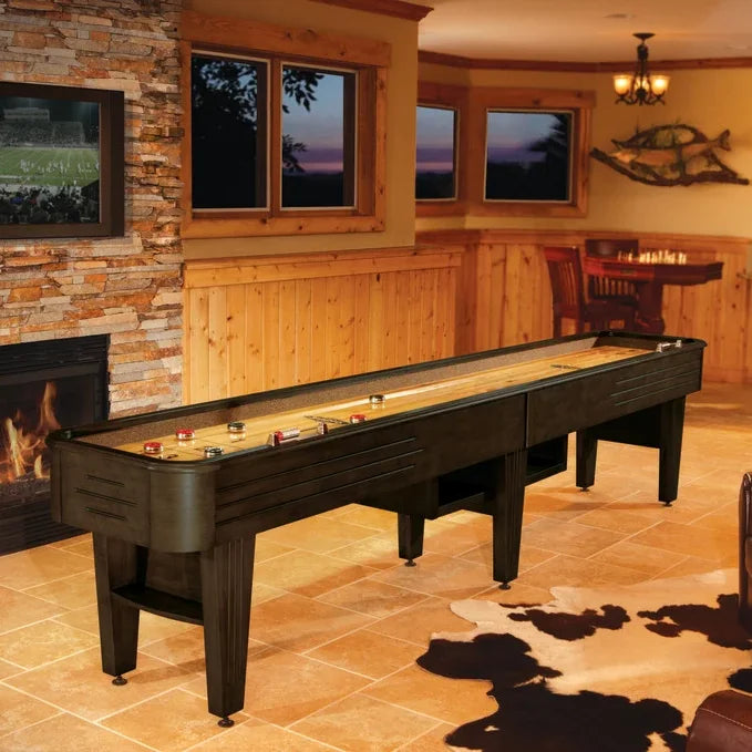 Brunswick Andover 14ft Espresso Shuffleboard Table In a Living Room