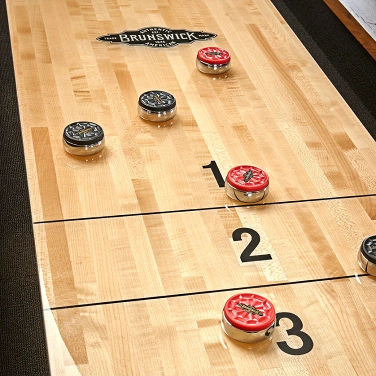 Brunswick Parsons 12 ft Shuffleboard in Natural Oak With Red and Black Pucks