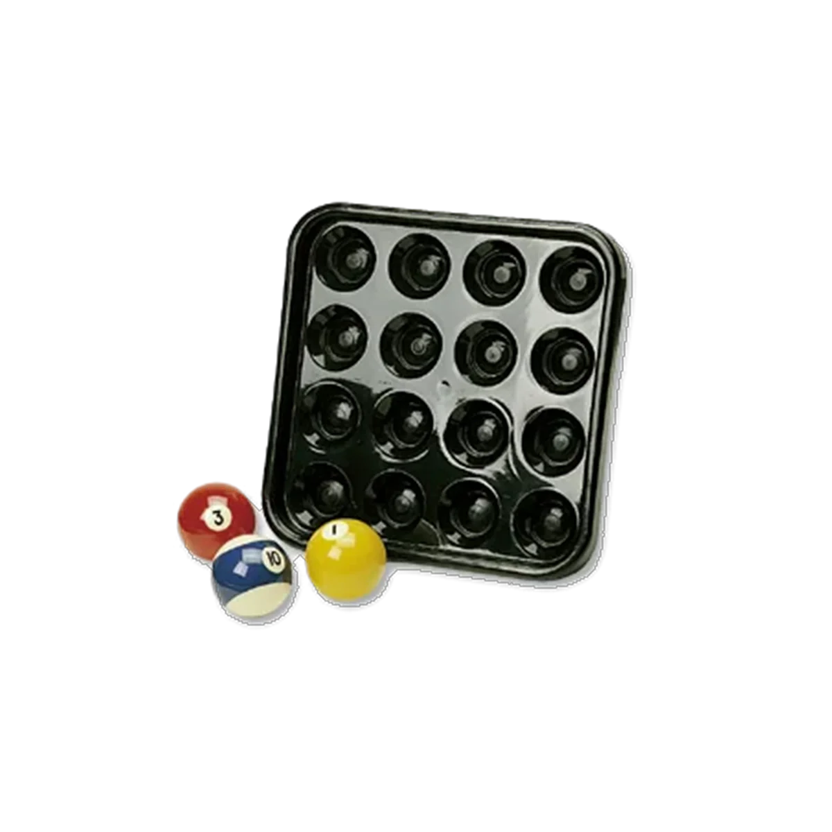 Black 16-Ball Storage Tray With Three Pool Balls in Front